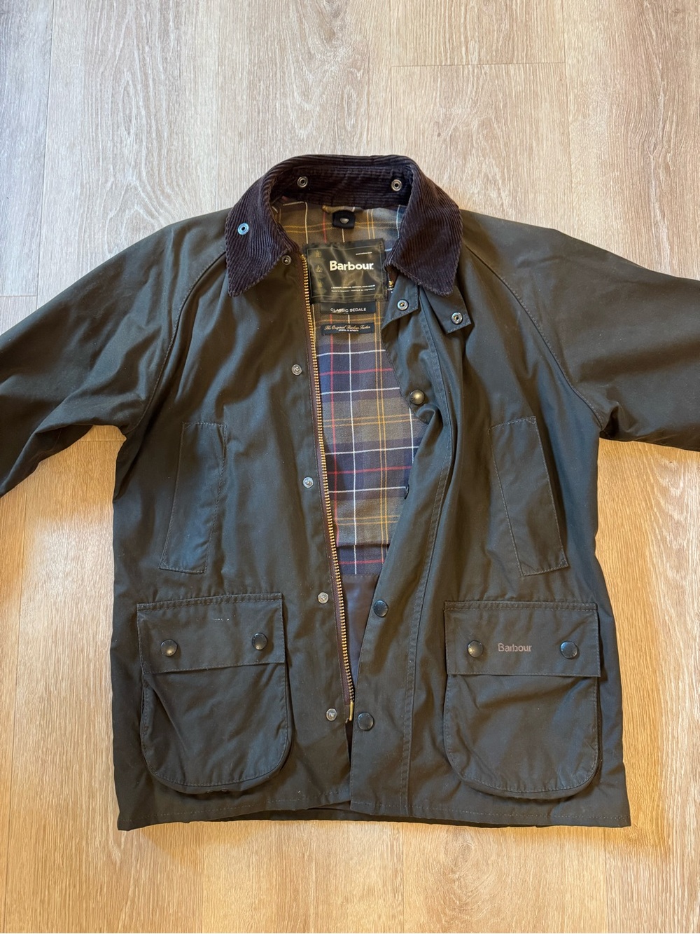 Barbour Dark Olive Waxed Field Jacket with Dark Brown Corduroy Collar